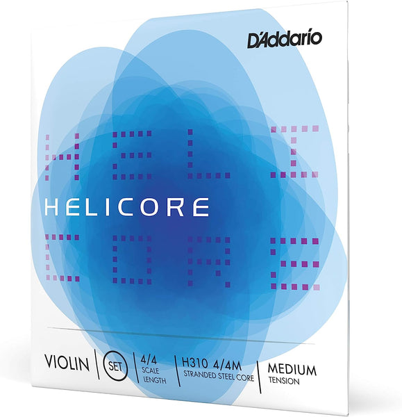 D'Addario Helicore 4/4 Size Violin Strings Set with Plain Steel E String - H310 4/4M - Full Set - Medium Tension