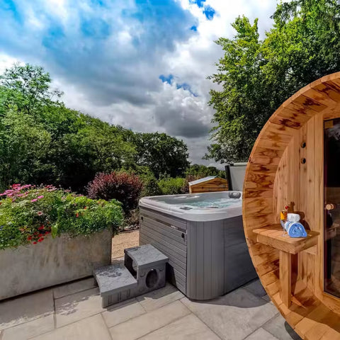 outdoor hot tub and barrel sauna