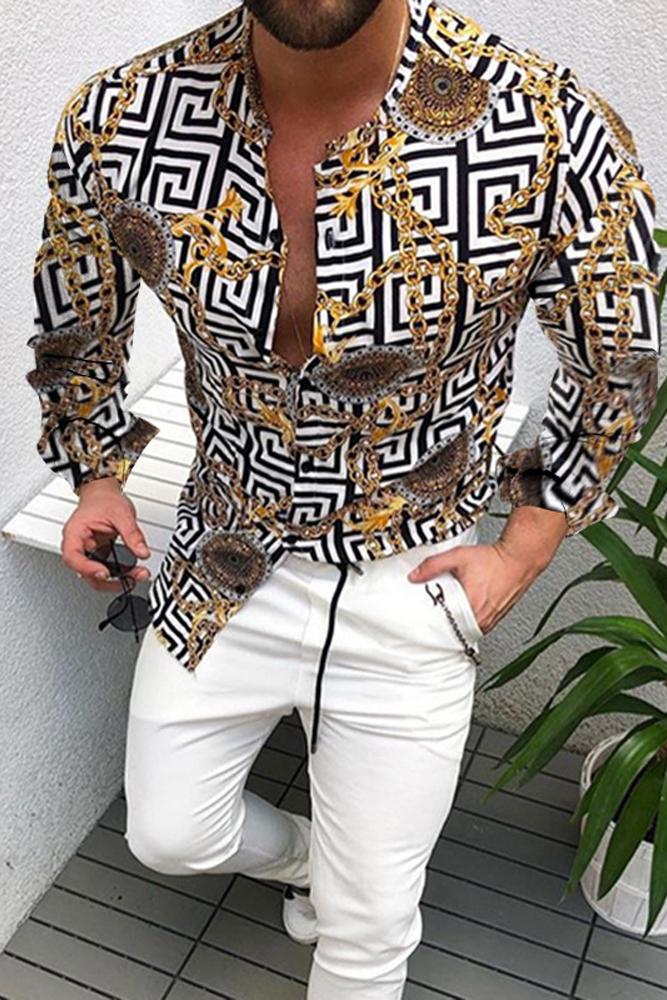 Gold chain print trendy short-sleeved shirt for men – Azurebuy