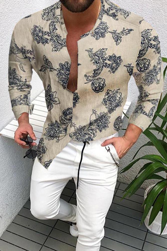 Black flower print long-sleeved casual shirt for men – Azurebuy