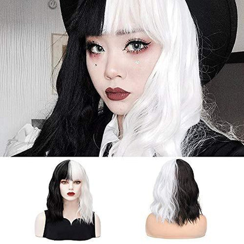 Black White Wigs With Bangs Short Curly Wavy Split Bob Wigs Synthetic Ninthavenue Europe