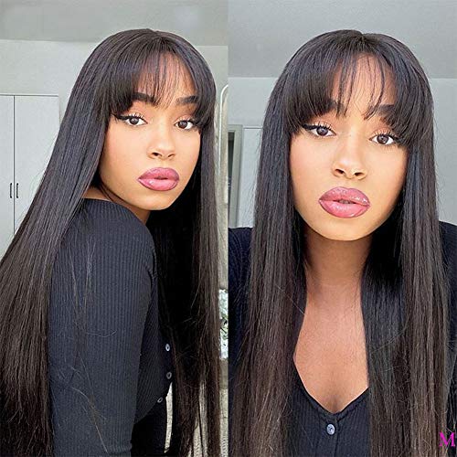 ELIANA Silky Brazilian Virgin Straight Human Hair Wigs with Bangs (18inch, Straight Wigs) 130% Density None Lace Front Wigs Glueless Machine Made Wigs for Black Women Natural Color
