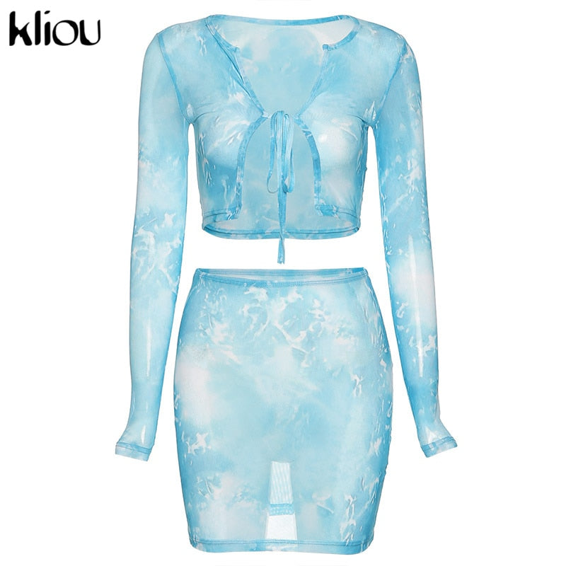 Kliou sexy mesh see though 2 piece outfits full sleeve low-neck bandage sling crop top mini dress matching set fashion clubwear