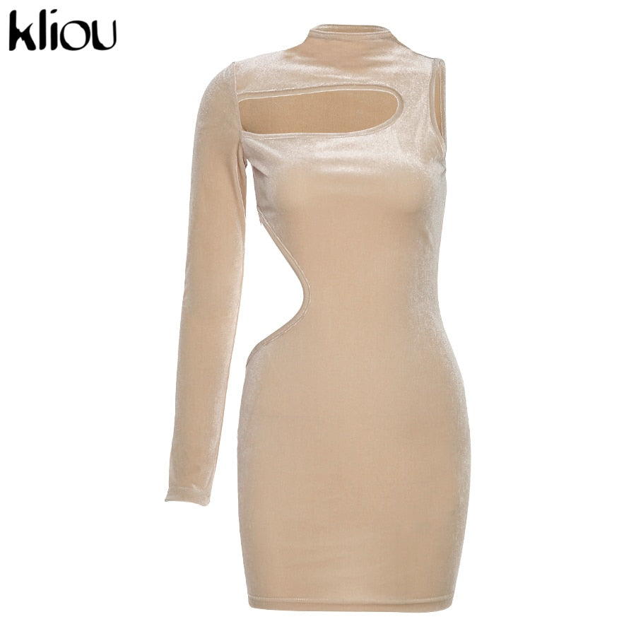 Kliou Sexy Hollow Out Velvet Party Dresses Women 2021 One Shoulder Solid Streetwear Skinny Slim Clubwear Bodycon Mini Dress Hot