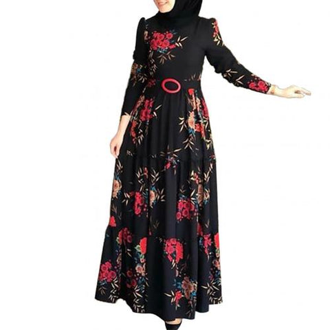 Long Sleeve Abaya Dress Ethnic Floral Print Belt Maxi Kaftan Robe
