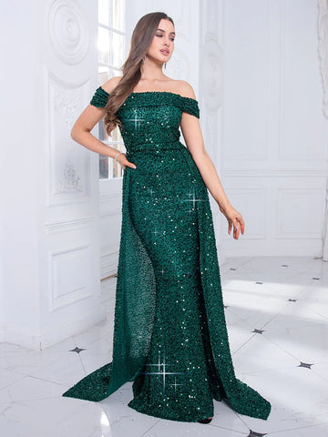 Off Shoulder Dazzling Sequin Fitted Bodice Evening Night Dress