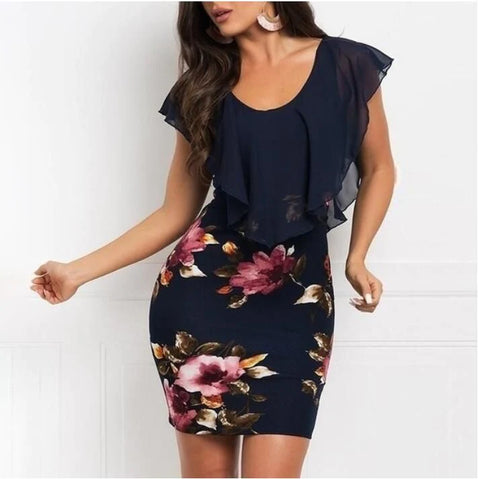 floral Print Splicing Slim Mini o Neck Dress