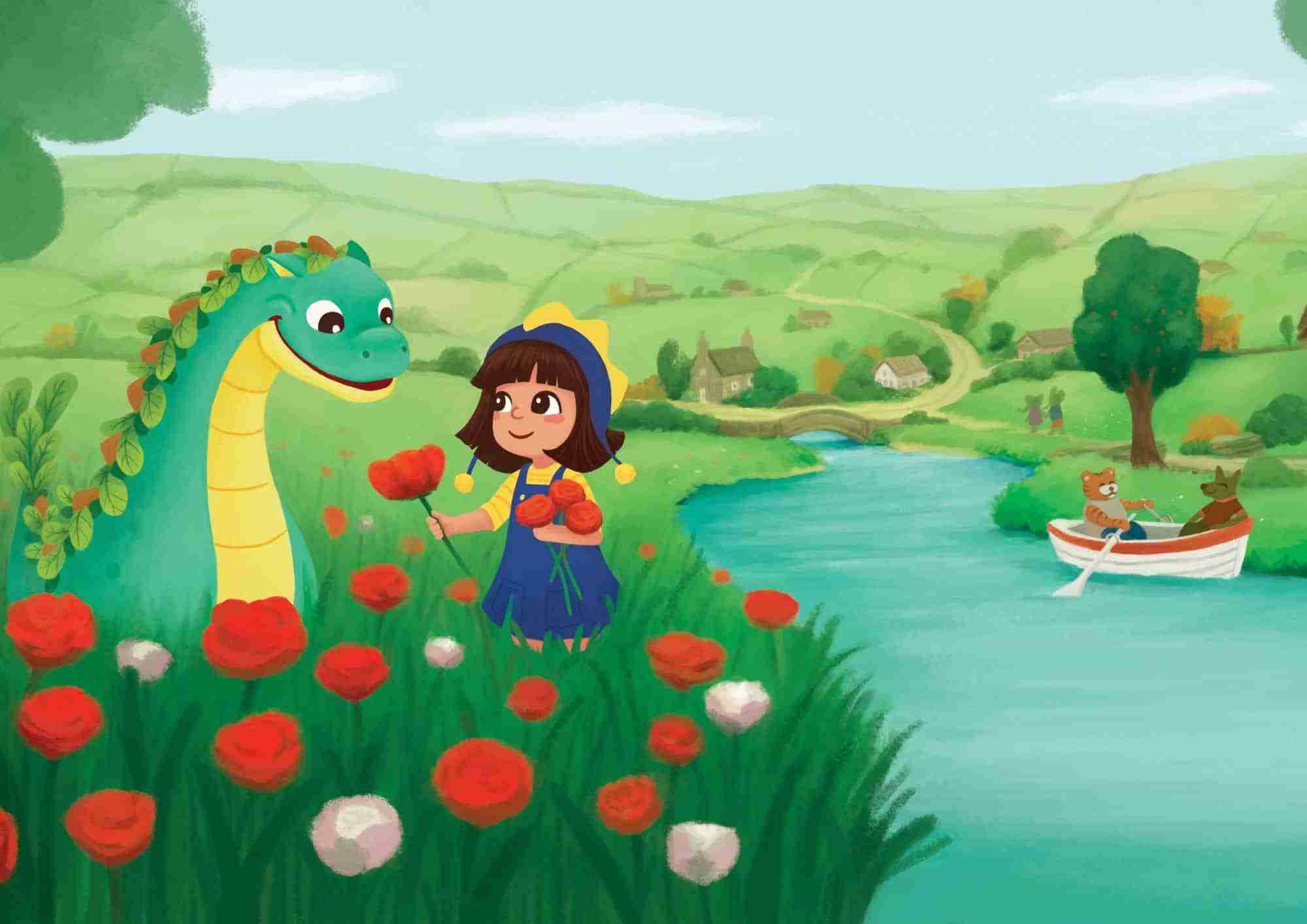 Pip and henry story book. Cartoon/ illustrated little girl handing a dinosaur a rose.