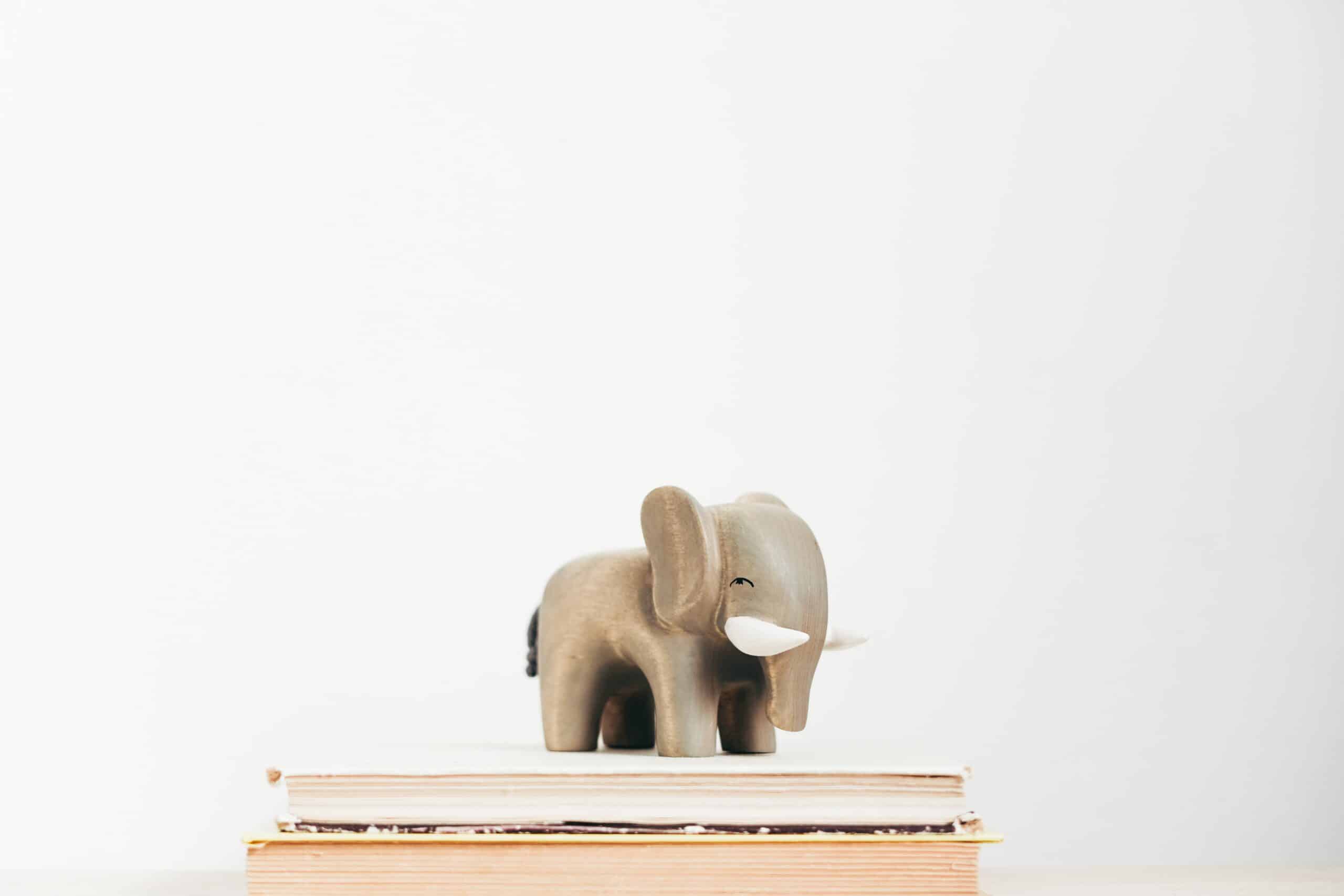 Wooden toy elephant placed on a children's book.