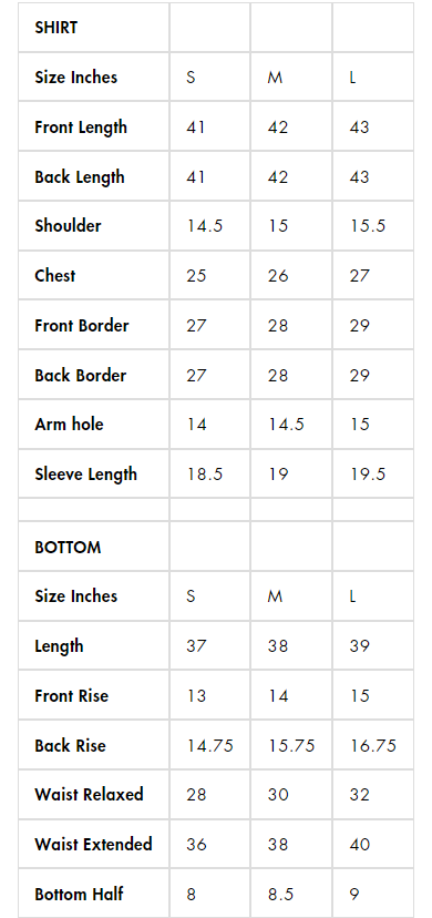 Co-ords Size Chart salwar mahal dubai