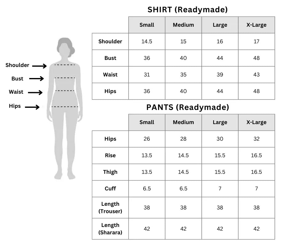 SALWAR MAHAL size chart readymade