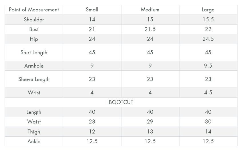 bootcut suit size chart salwar mahal