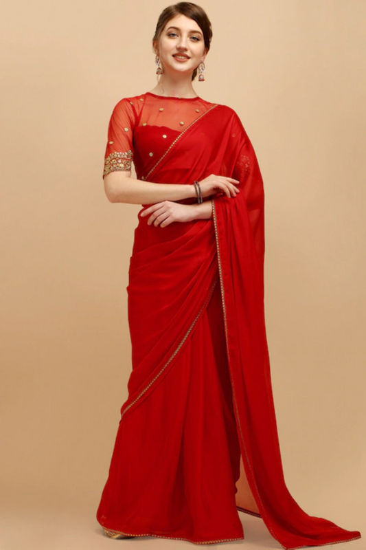 Red Silk Blend Embroidered Saree