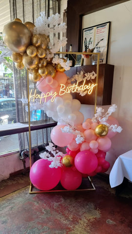 Happy birthday neon balloon garlands decorations golden frame Melbourne
