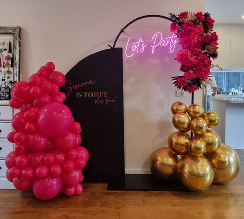 Birthday balloons event styling photo backdrop flowers celebration milestone Melbourne