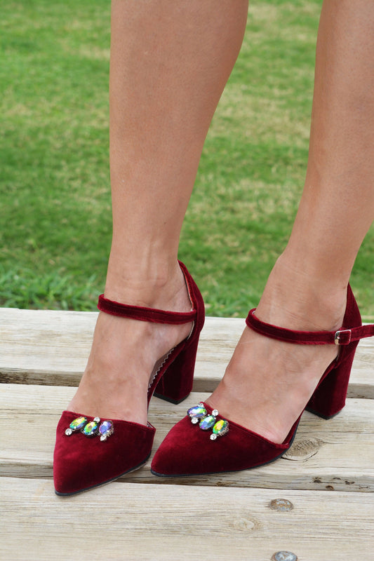 Red velvet bridal shoes with ruby red heels for the passionate bride