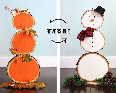 reversible wood slice pumpkins and snowman