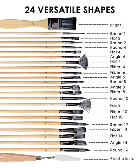 24 Pcs Professional Paint Brush Set With Natural Wood Handles