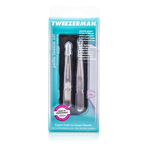 Tweezerman Petite Tweeze Set: Slant Tweezer + Point Tweezer - (With Black Leather Case)  2pcs