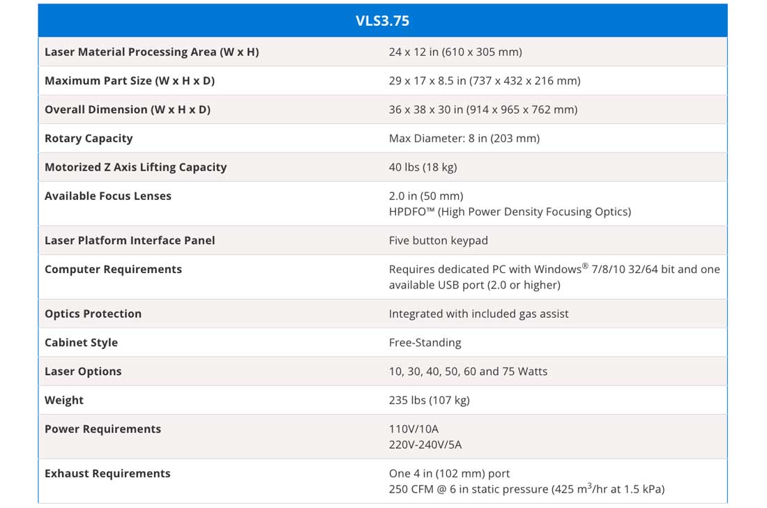 VLS3.75 Specifications