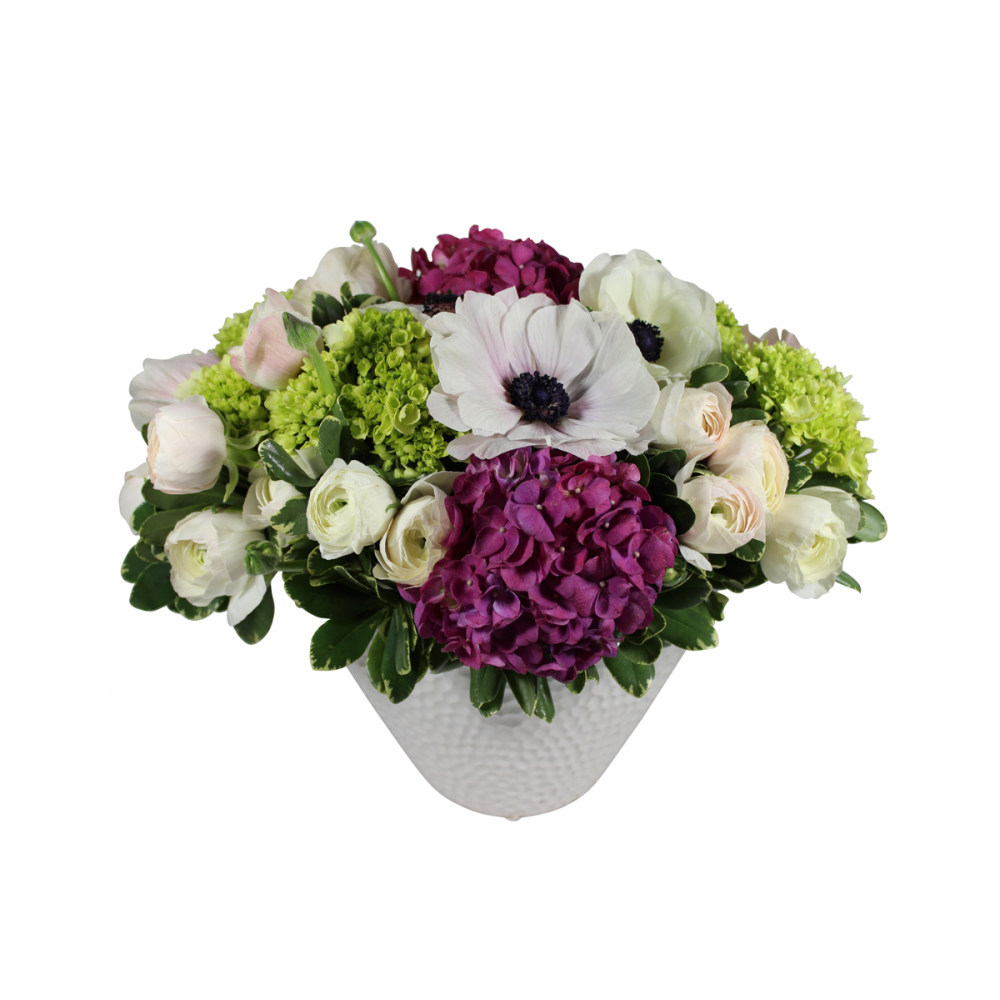 Flower arrangement in a medium tall, oval, white ceramic vase, purple hydrangea, green hydrangea, white ranunculus and white anemones