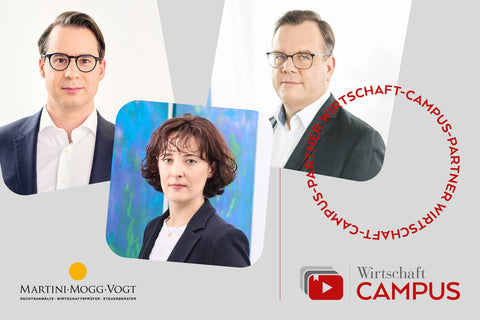 Die Anwälte Janina Barg, Stefan Schellenbach und Dr. Arne Löser von Martini Mogg Vogt auf grauem Hintergrund. Das MMV Logo auf der linken unteren Seite und das Wirtschaft Campus Logo rechts unten.