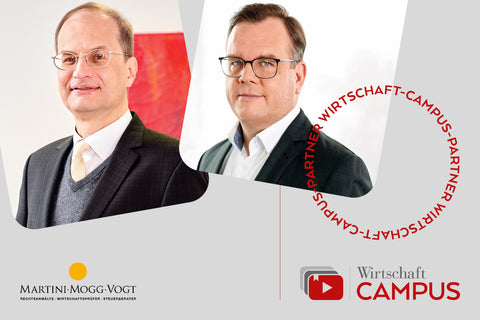Die Anwälte Stephan Spies und Dr. Arne Löser von Martini Mogg Vogt auf grauem Hintergrund. Das MMV Logo auf der linken unteren Seite und das Wirtschaft Campus Logo rechts unten.