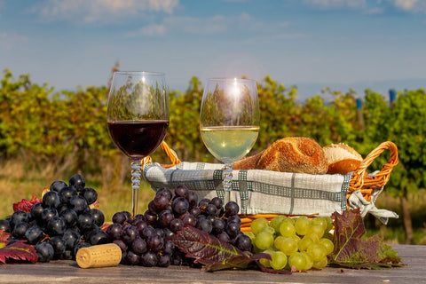 Leckerer Wein und Früchte stehen auf einem Tisch in der Natur.