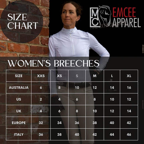 Sizing chart for women's breeches