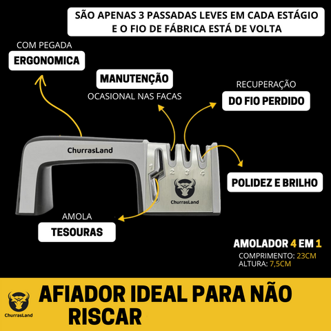 amolador 4 em 1, com 3 estágios de afiação e 1 estágio para afiar tesoura