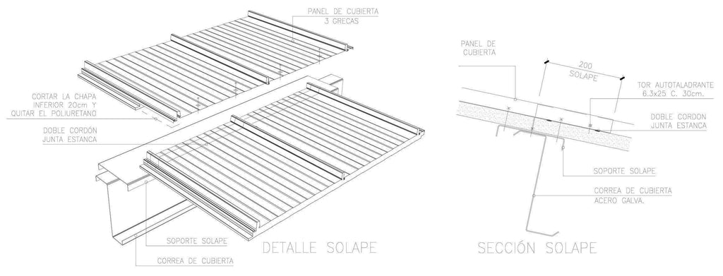 Detalle de solape transversal de paneles sándwich para cubiertas