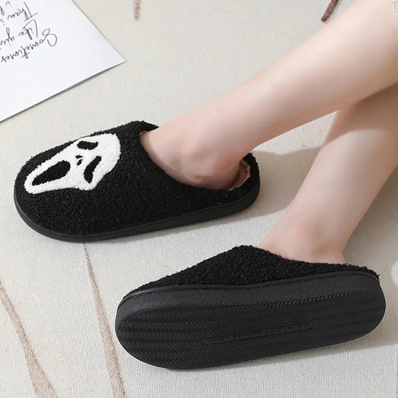 Halloween Skull Cartoon Print Slippers Warm Winter For Men Women Couple Home