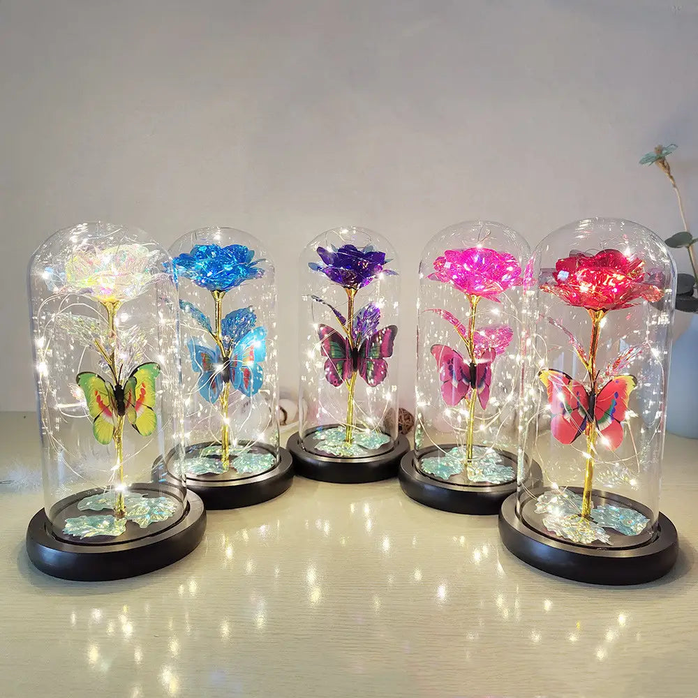 Mothers Day Gift Eternal Rose LED Light Foil Flower In Glass Cover Wedding