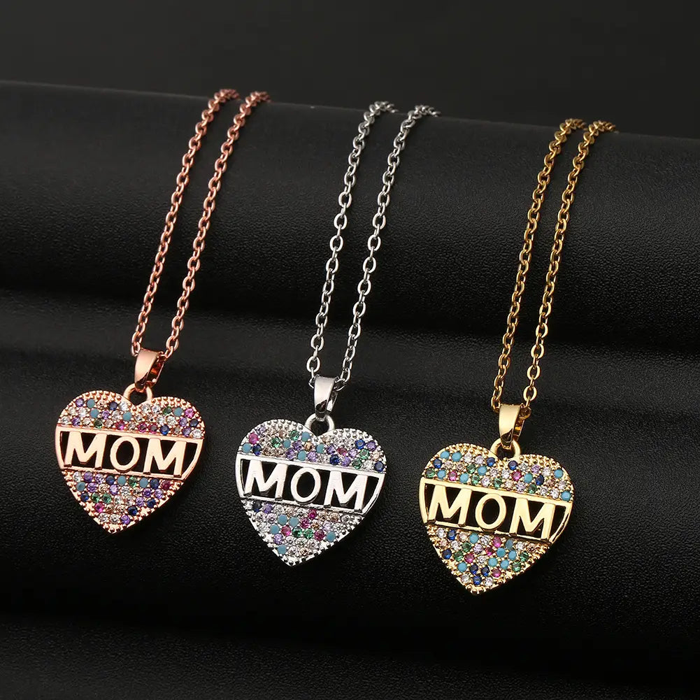 Colorful Cubic Zirconia Heart Mom Necklace Pendant