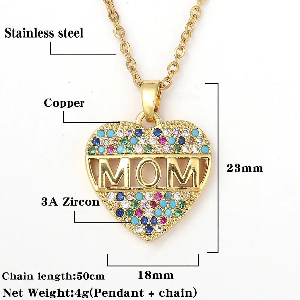 Colorful Cubic Zirconia Heart Mom Necklace Pendant