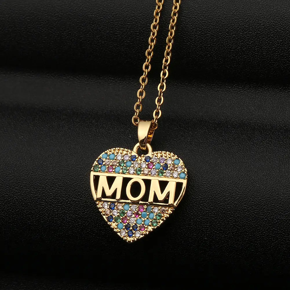 Colorful Cubic Zirconia Heart Mom Necklace Pendant