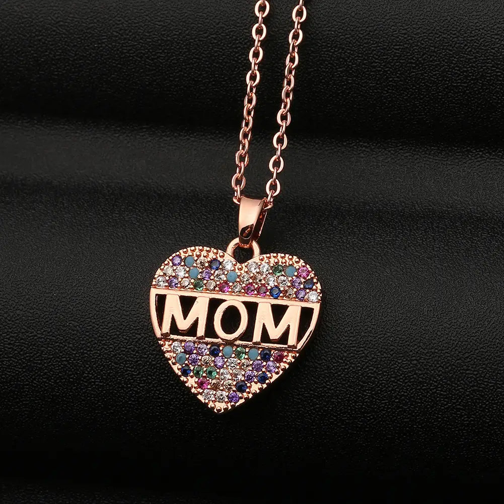 Colorful Cubic Zirconia Heart Mom Necklace Pendant