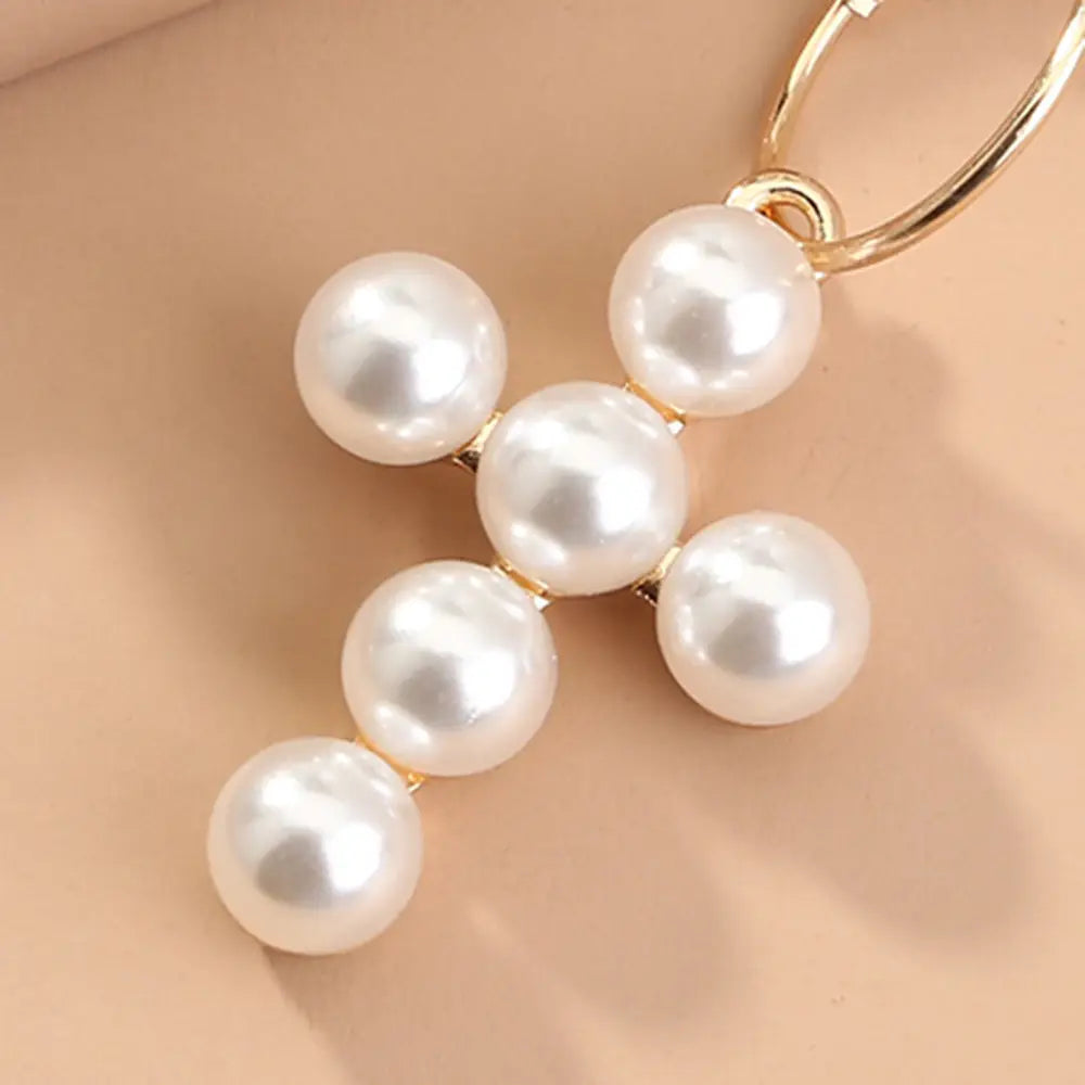 Exaggerated Cross Handmade Pearl Inlaid Alloy Metal Earrings