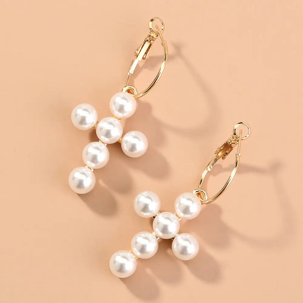 Exaggerated Cross Handmade Pearl Inlaid Alloy Metal Earrings