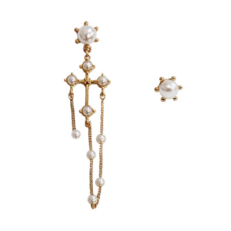 Pearl Cross Chain Asymmetrical Earrings