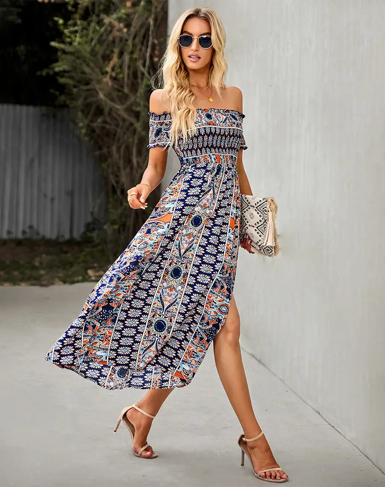 Women?€?s Dress Boho Floral Print Off Shoulder Split Long A Line