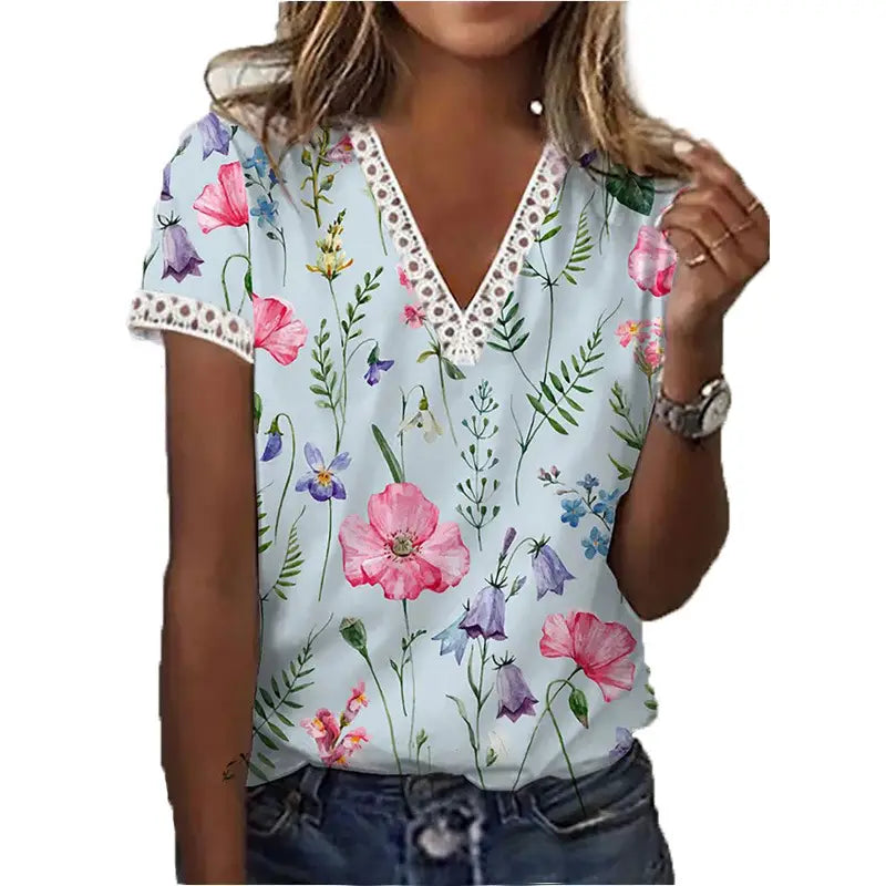 Printed V Neck Short Sleeved T Shirt