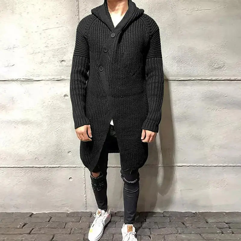 Long Knitted Hooded Sweater Coat Men Solid Color Button Casual Clothes
