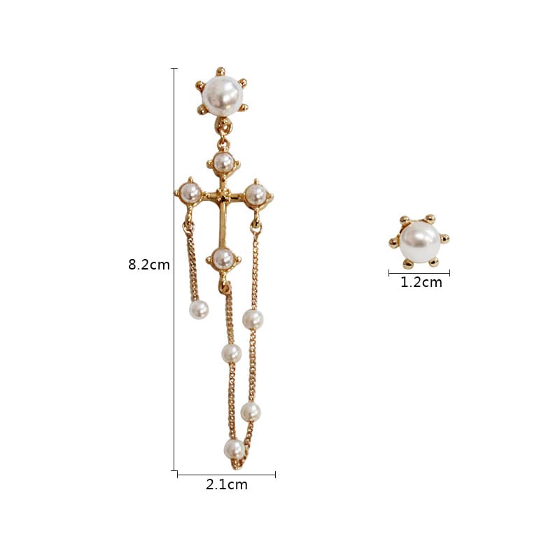 Pearl Cross Chain Asymmetrical Earrings