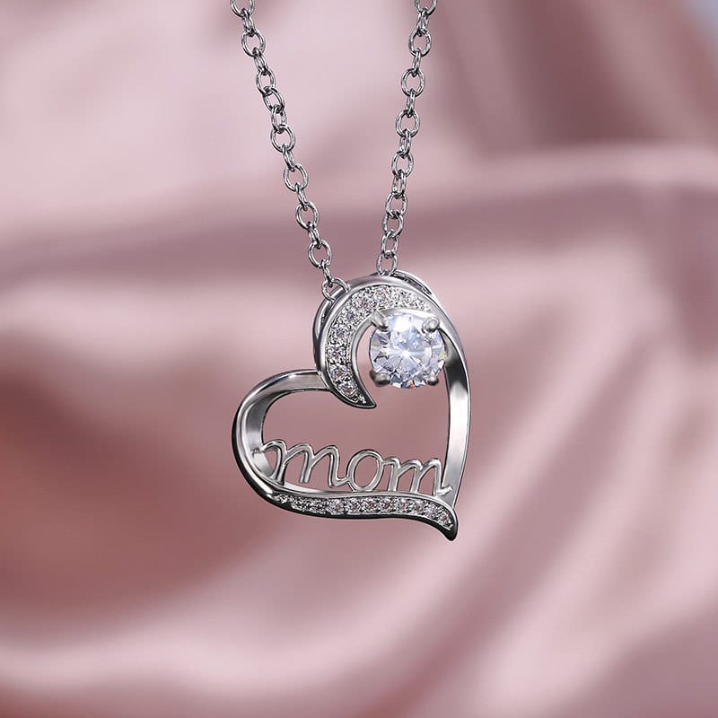 MOM Heart Necklace with Claw Design and Zircon