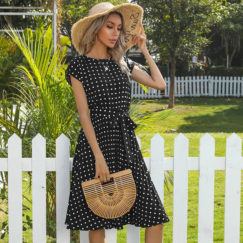 Summer Women Polka Dot Short Sleeve Dress Casual Bandage Party Pleated Midi