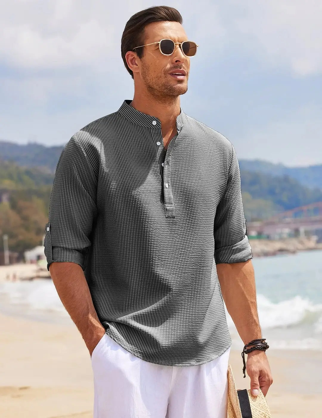 Men?€?s Casual Shirt Long Sleeve Stand Collar Solid Color Mens Clothing