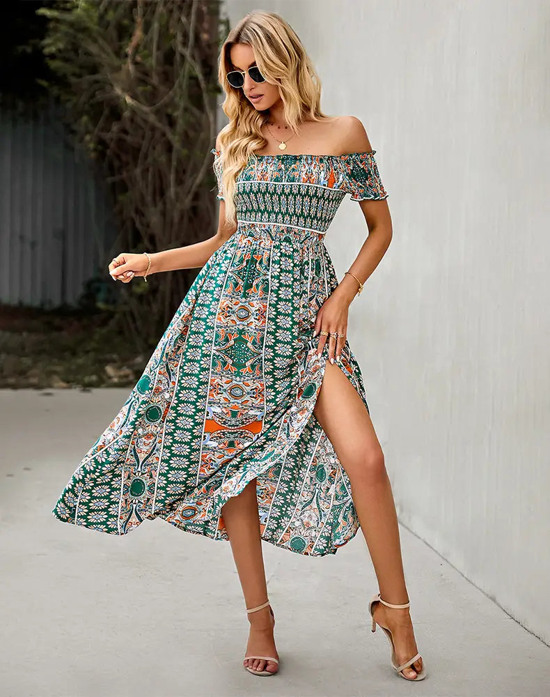 Women?€?s Dress Boho Floral Print Off Shoulder Split Long A Line