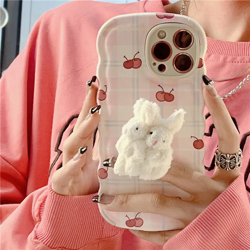 Plaid Cherry Rabbit Phone Holder Case