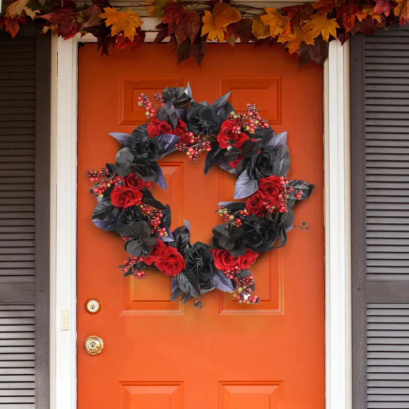 Black Red Rose Halloween Wreath